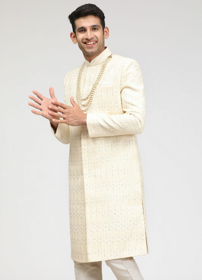 Manyavar Men Sea Shell White Self Design Sherwani