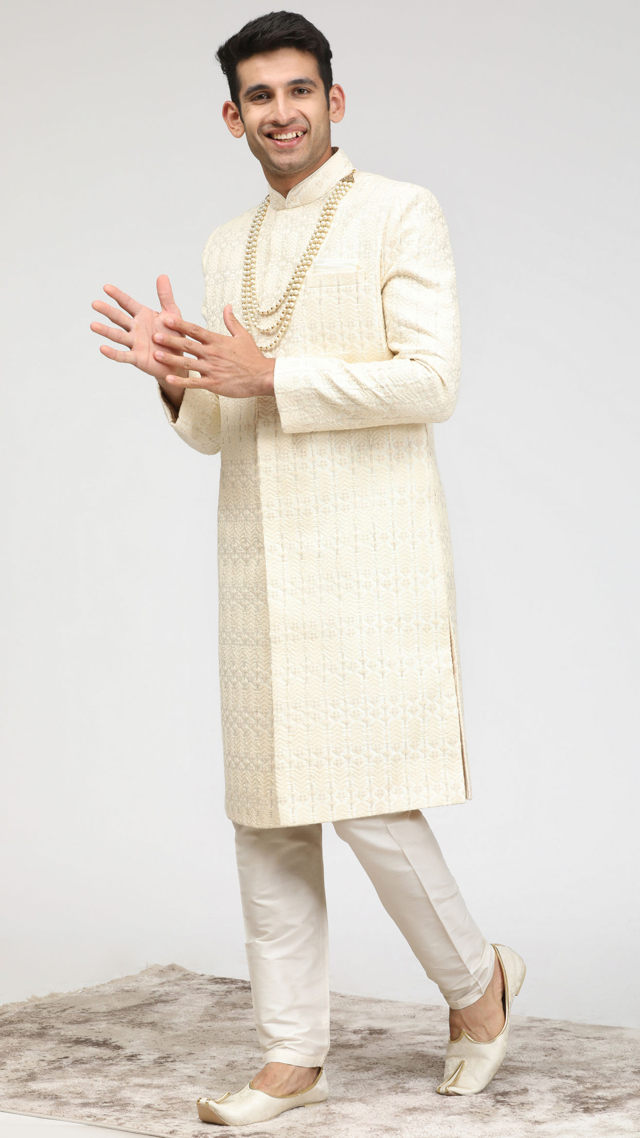 Manyavar Men Sea Shell White Self Design Sherwani