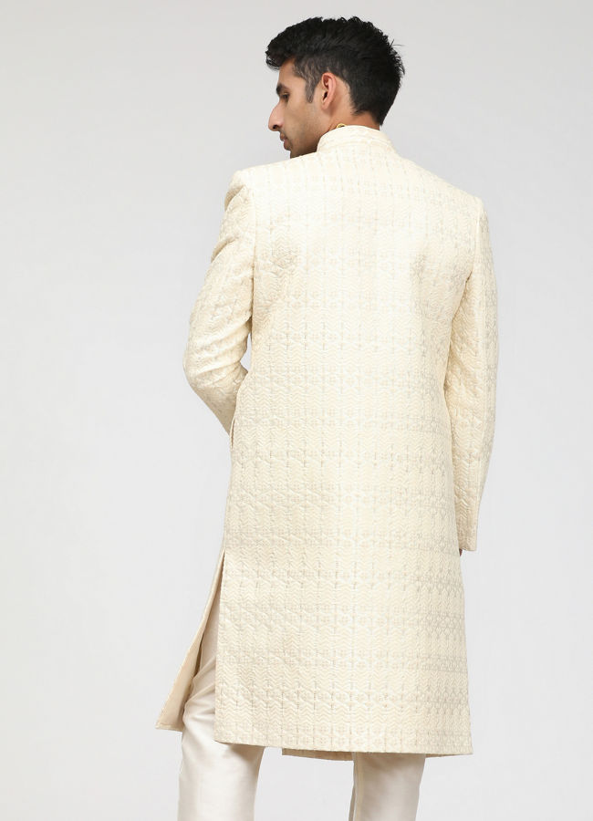 Manyavar Men Sea Shell White Self Design Sherwani