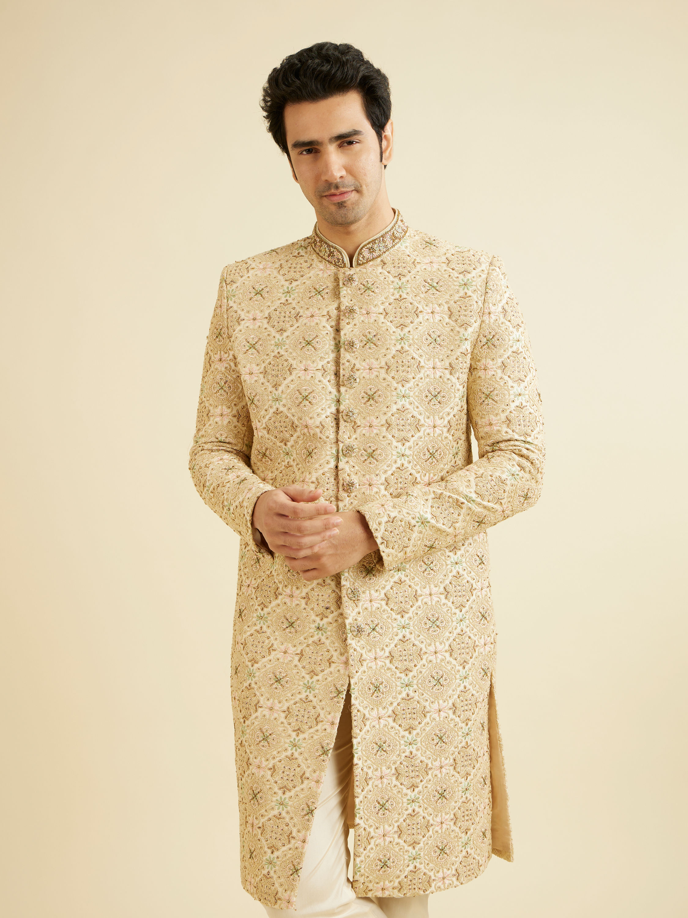 Manyavar Men Fawn Embroidered Sherwani