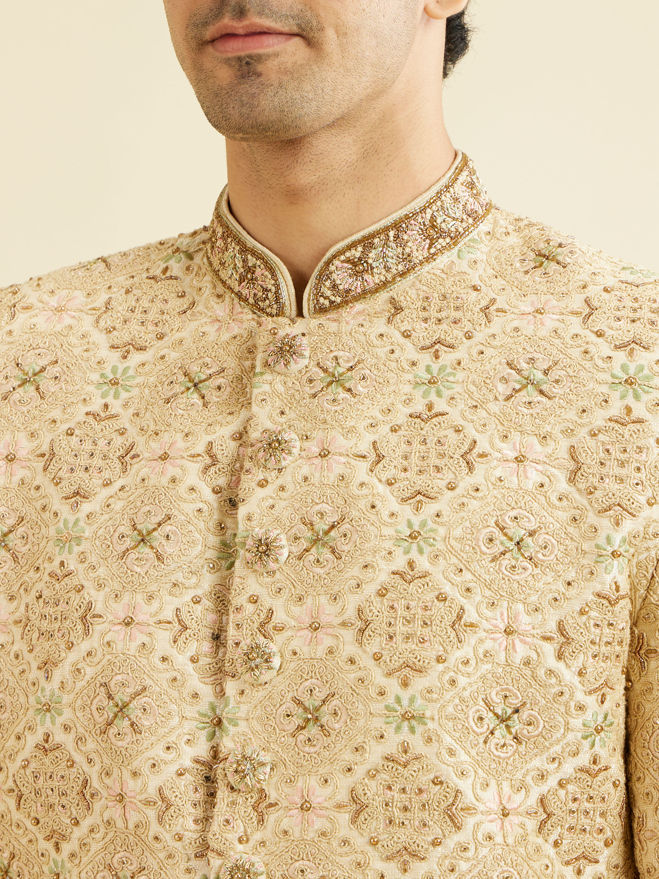 Manyavar Men Fawn Embroidered Sherwani