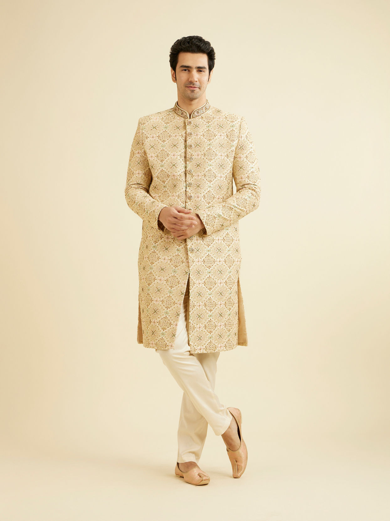 Manyavar Men Fawn Embroidered Sherwani