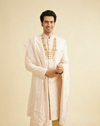 Manyavar Men Coral Peach Floral Self Patterned Sherwani Set