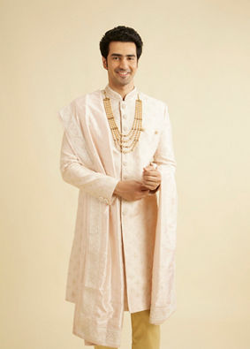 alt message - Manyavar Men Coral Peach Floral Self Patterned Sherwani Set image number 0