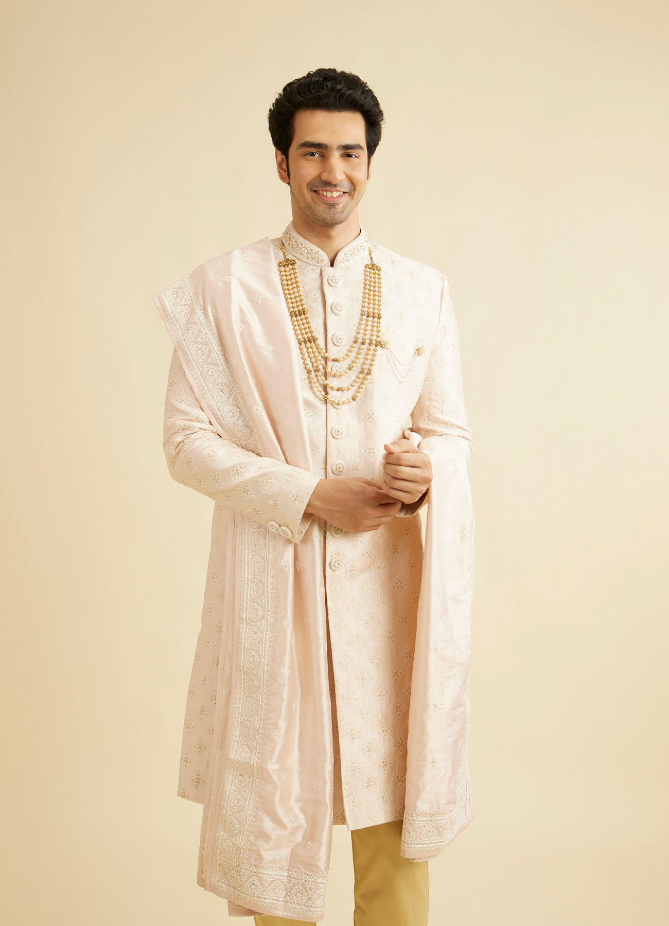 Manyavar Men Coral Peach Floral Self Patterned Sherwani Set