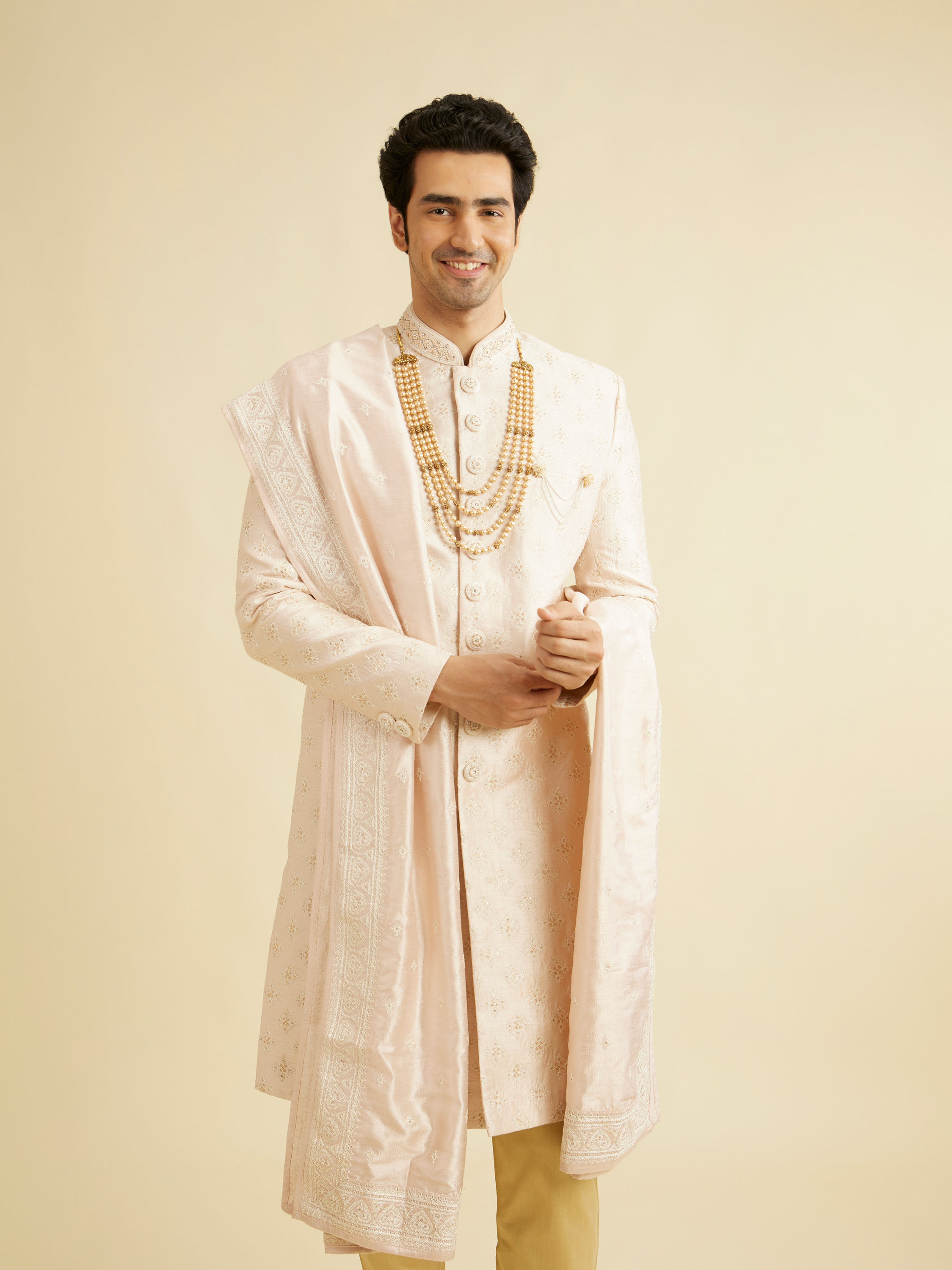 Manyavar Men Coral Peach Floral Self Patterned Sherwani Set