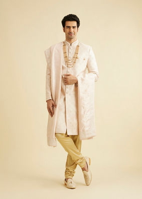 alt message - Manyavar Men Coral Peach Floral Self Patterned Sherwani Set image number 2