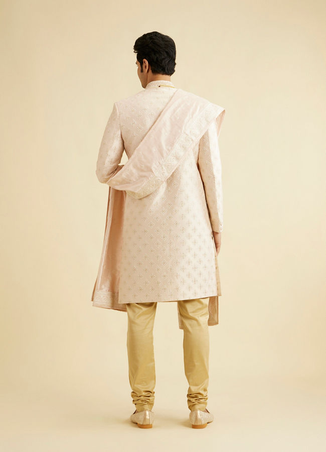 alt message - Manyavar Men Coral Peach Floral Self Patterned Sherwani Set image number 4