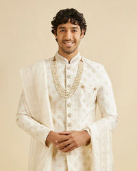 Manyavar Men Warm White Floral Self Patterned Sherwani Set