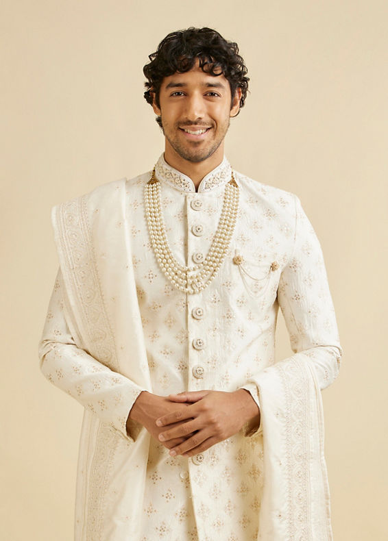 Manyavar Men Warm White Floral Self Patterned Sherwani Set