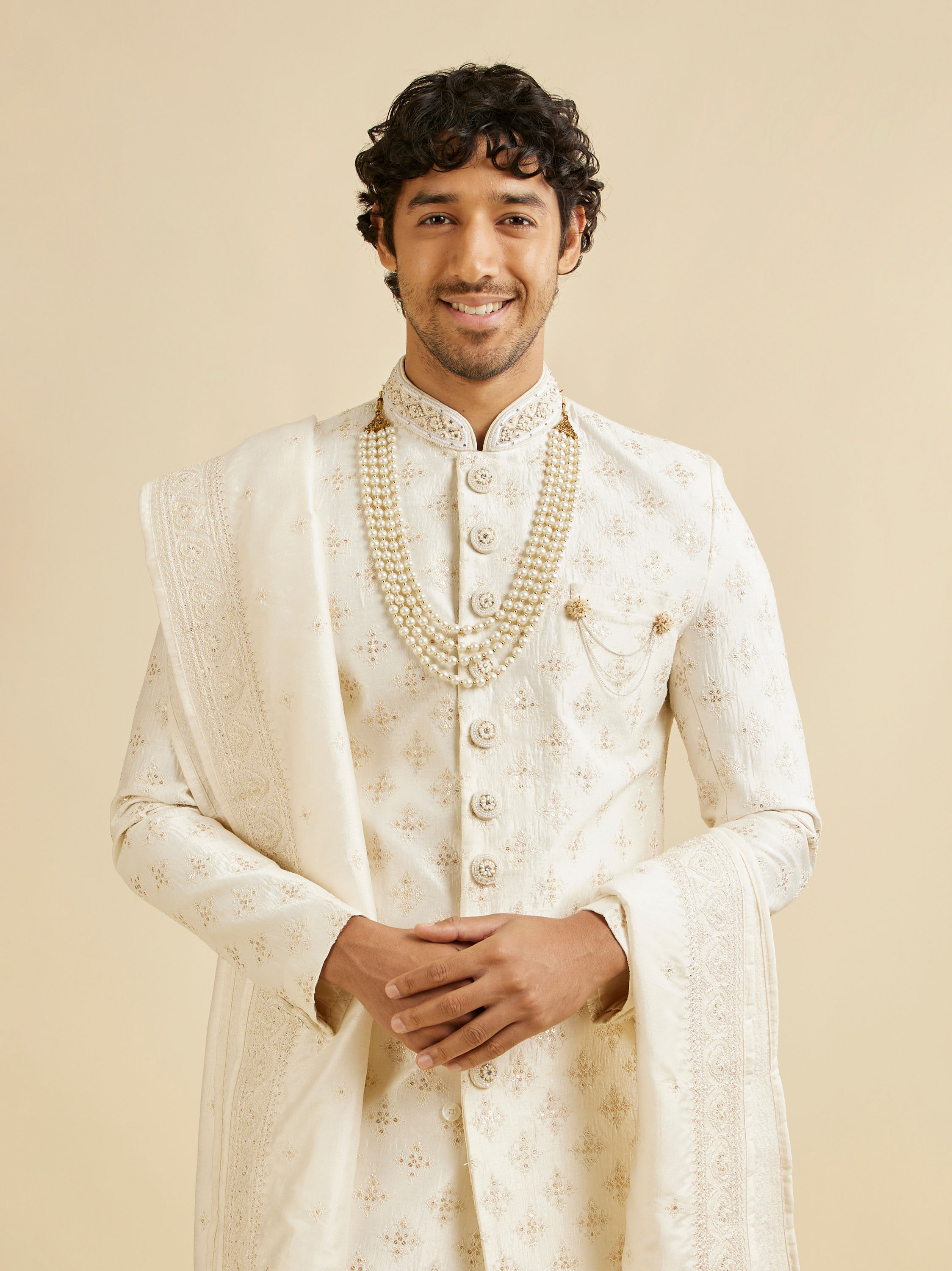 Manyavar Men Warm White Floral Self Patterned Sherwani Set