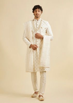 alt message - Manyavar Men Warm White Floral Self Patterned Sherwani Set image number 2