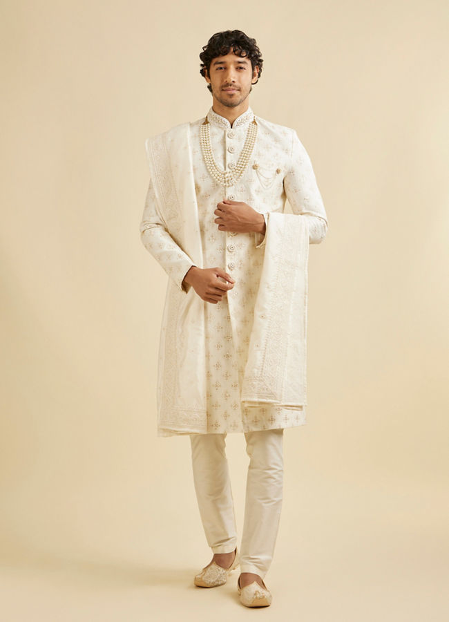 Manyavar Men Warm White Floral Self Patterned Sherwani Set