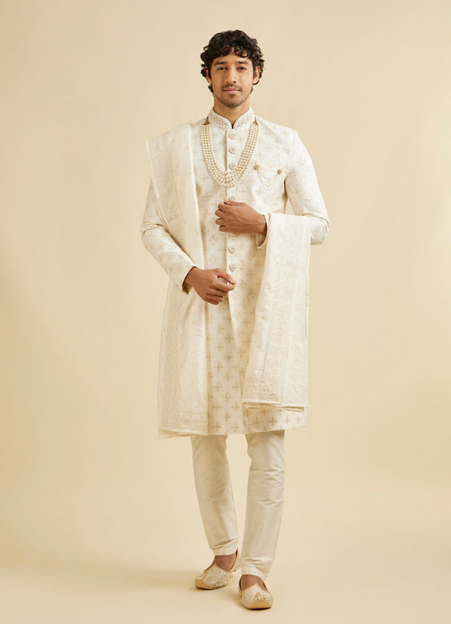 alt message - Manyavar Men Warm White Floral Self Patterned Sherwani Set image number 2