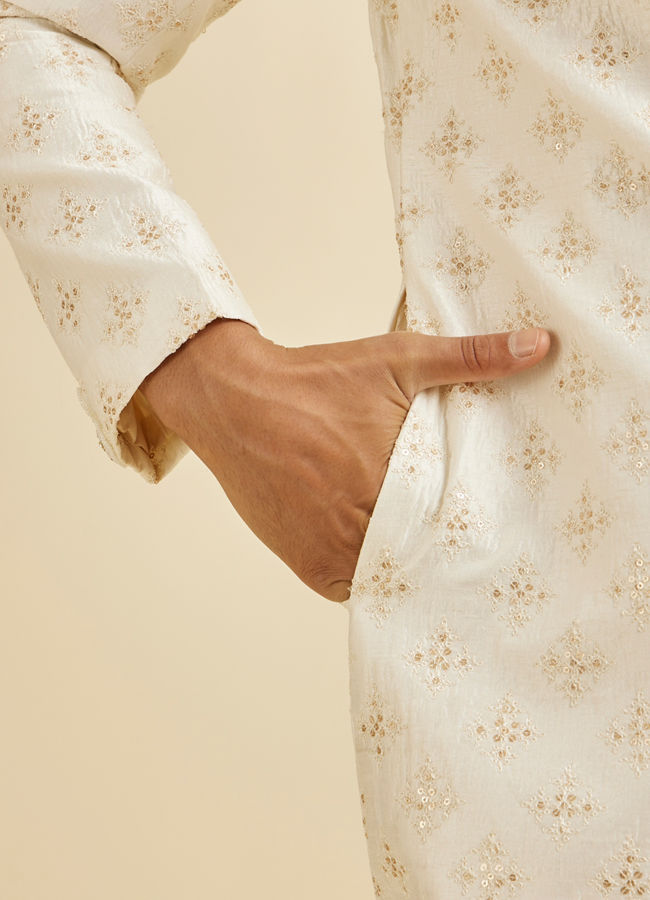 Manyavar Men Warm White Floral Self Patterned Sherwani Set