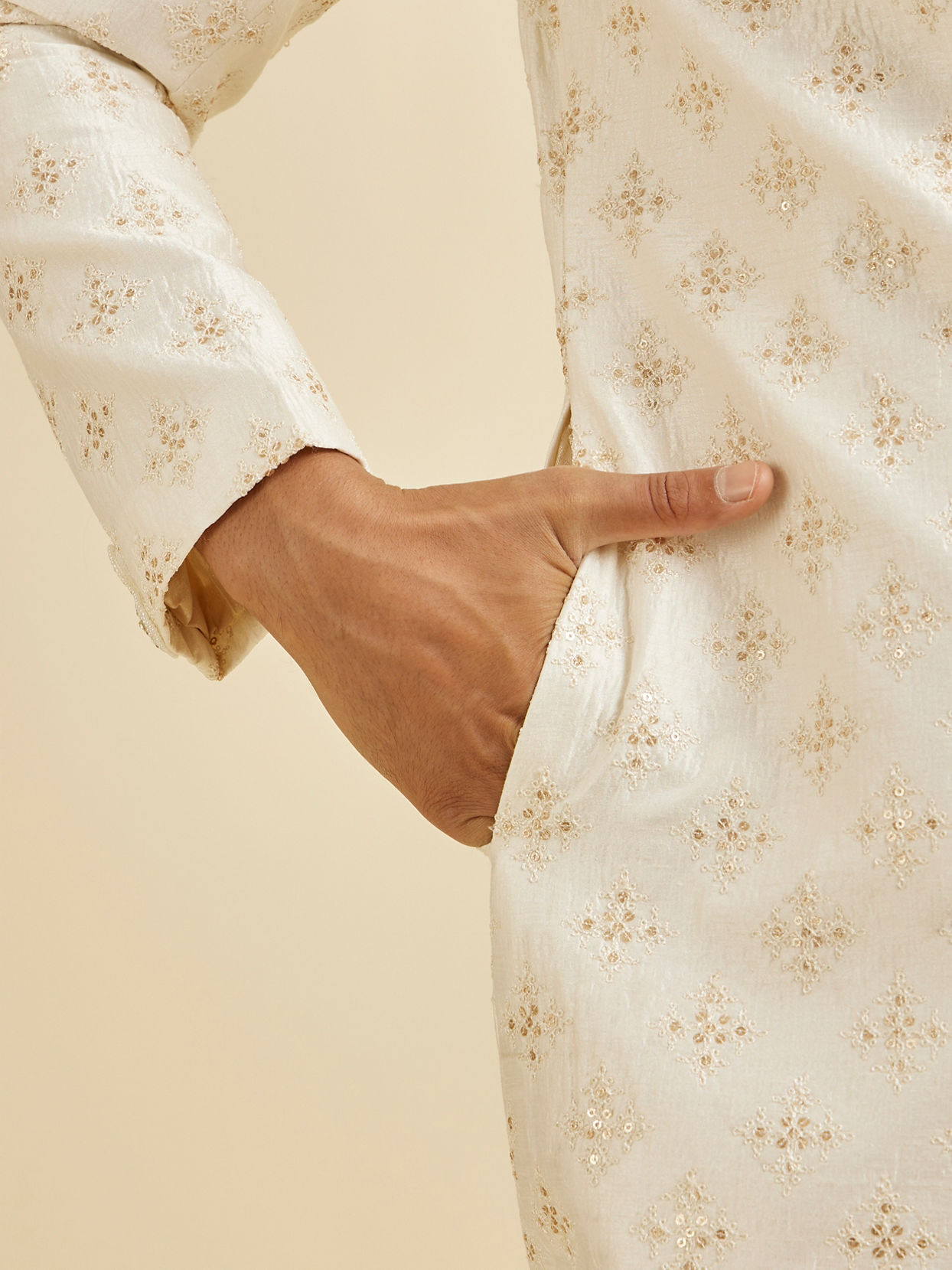 Manyavar Men Warm White Floral Self Patterned Sherwani Set