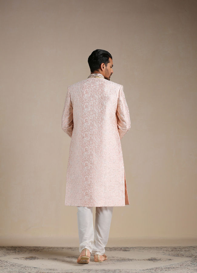 alt message - Manyavar Men Cherry Blossom Pink Floral Patterned Sherwani Set image number 4