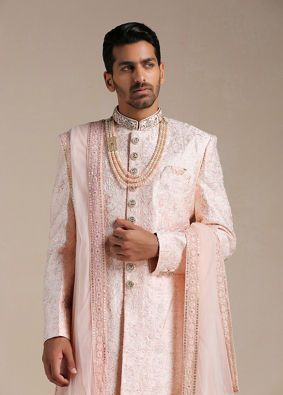 alt message - Manyavar Men Cherry Blossom Pink Floral Patterned Sherwani Set image number 0