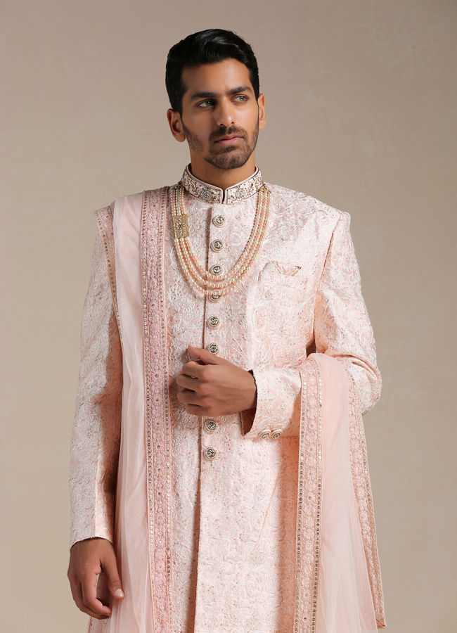 alt message - Manyavar Men Cherry Blossom Pink Floral Patterned Sherwani Set image number 0