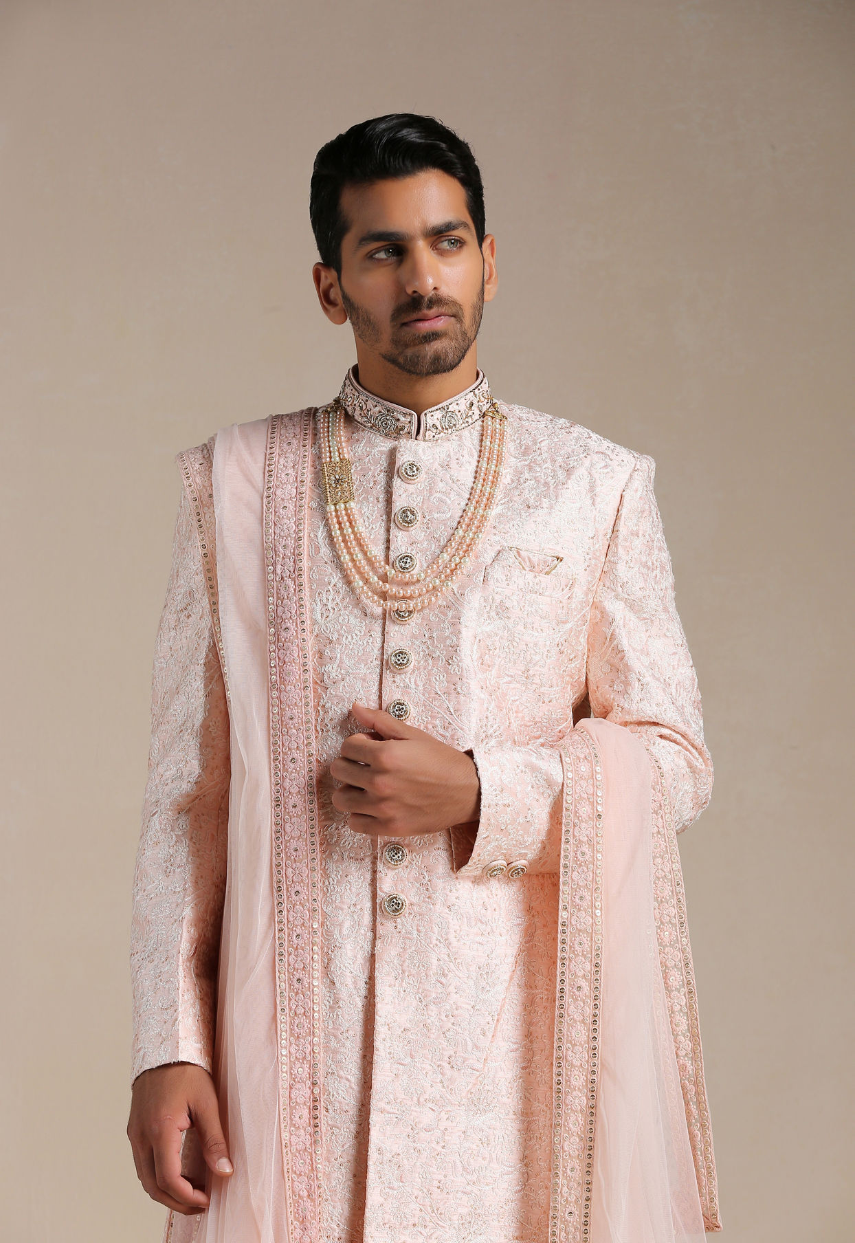 alt message - Manyavar Men Cherry Blossom Pink Floral Patterned Sherwani Set image number 0