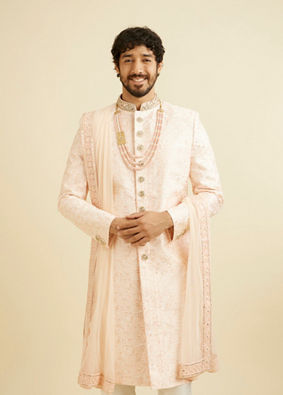 Manyavar Men Cherry Blossom Pink Floral Patterned Sherwani Set