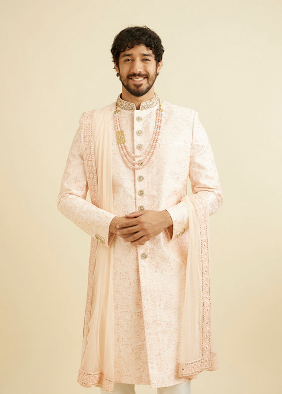 Manyavar Men Cherry Blossom Pink Floral Patterned Sherwani Set