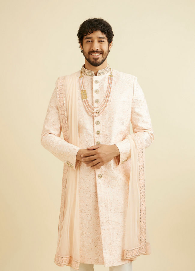 alt message - Manyavar Men Cherry Blossom Pink Floral Patterned Sherwani Set image number 0