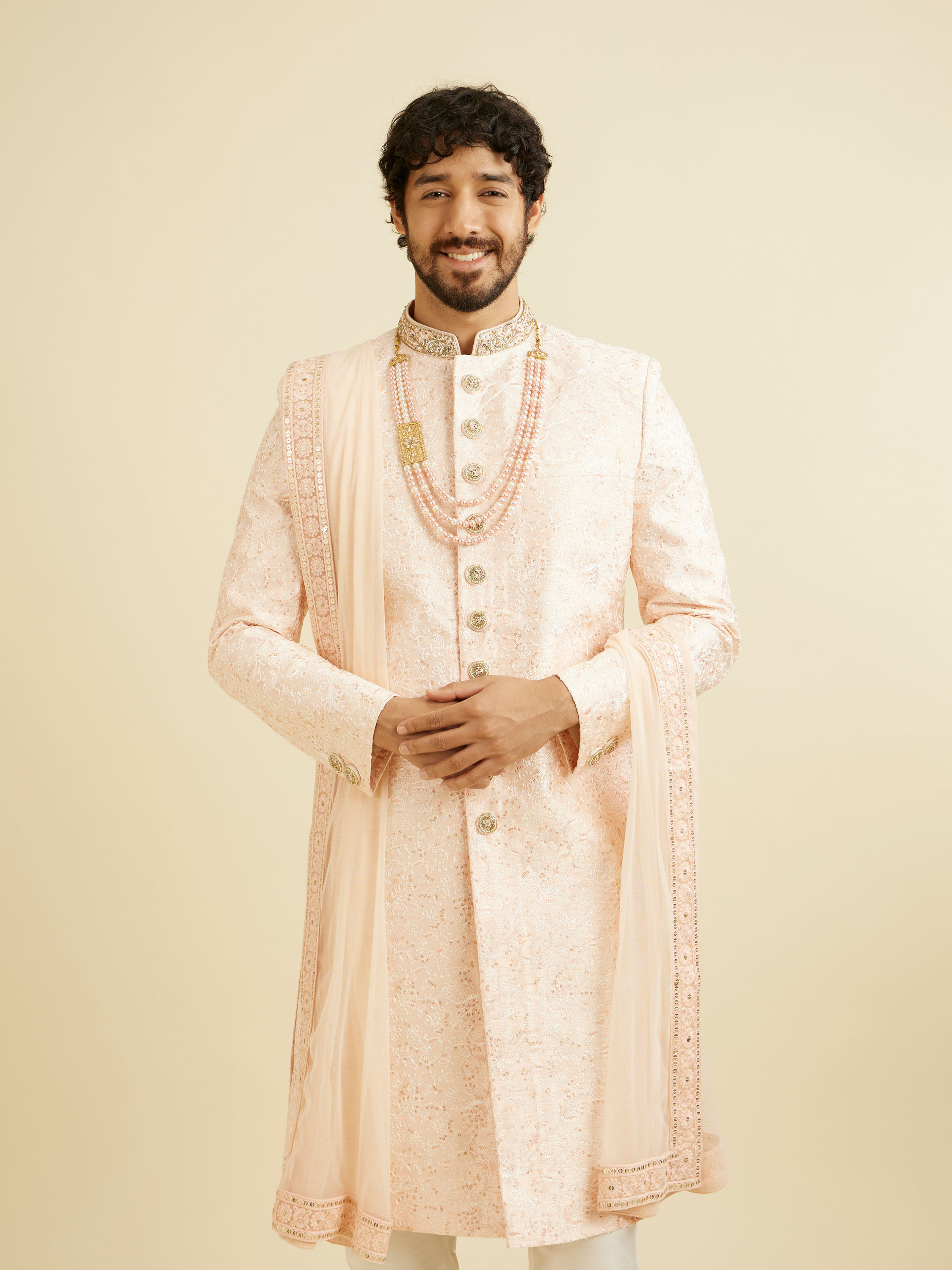 Manyavar Men Cherry Blossom Pink Floral Patterned Sherwani Set