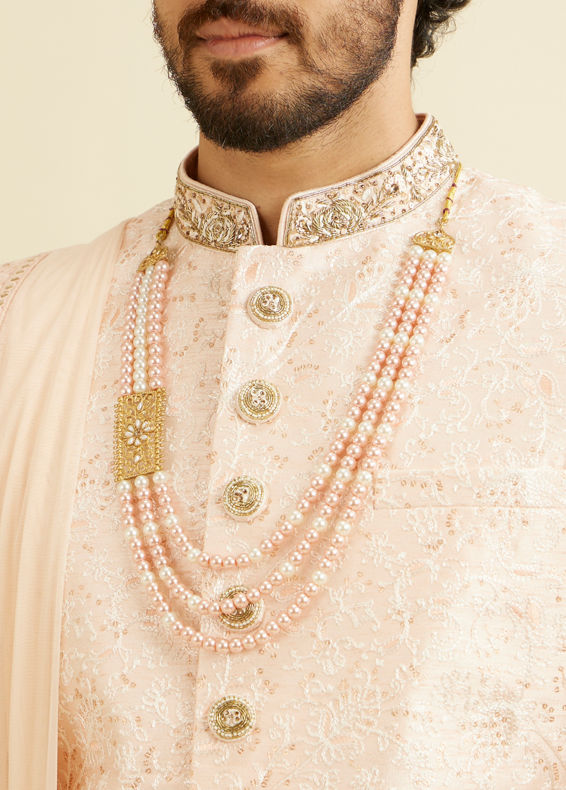 Manyavar Men Cherry Blossom Pink Floral Patterned Sherwani Set