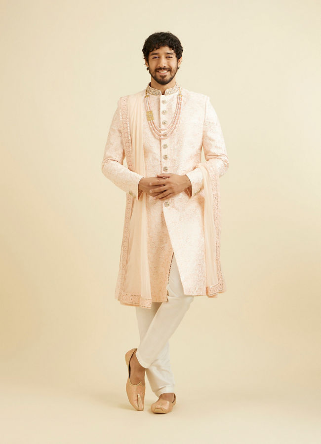 Manyavar Men Cherry Blossom Pink Floral Patterned Sherwani Set