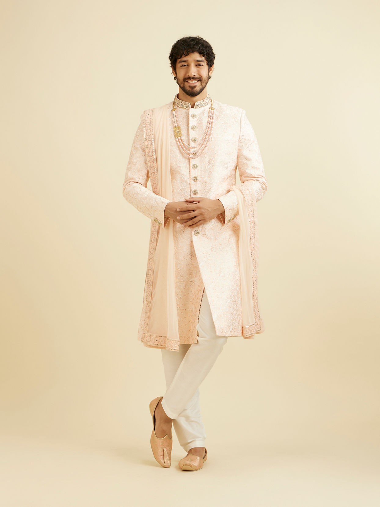 Manyavar Men Cherry Blossom Pink Floral Patterned Sherwani Set