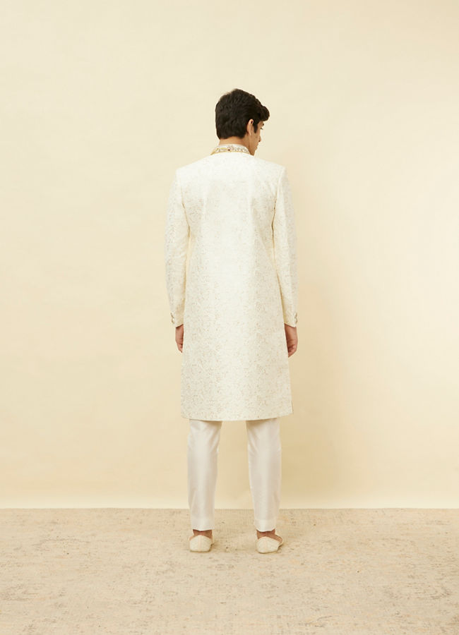 Manyavar Men Pearled Ivory White Bel Buti Patterned Sherwani Set