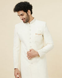 Manyavar Men Antique White Floral Patterned Sequined Sherwani Set