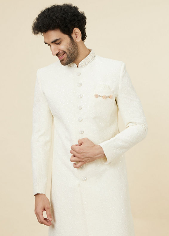 Manyavar Men Antique White Floral Patterned Sequined Sherwani Set