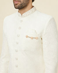 Manyavar Men Antique White Floral Patterned Sequined Sherwani Set