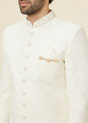 alt message - Manyavar Men Antique White Floral Patterned Sequined Sherwani Set image number 1