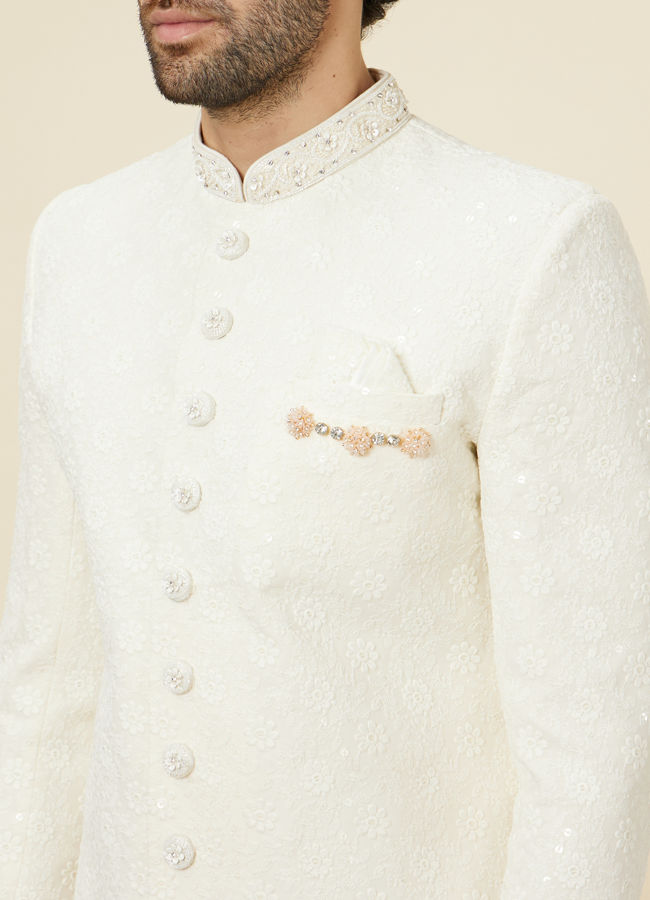 alt message - Manyavar Men Antique White Floral Patterned Sequined Sherwani Set image number 1