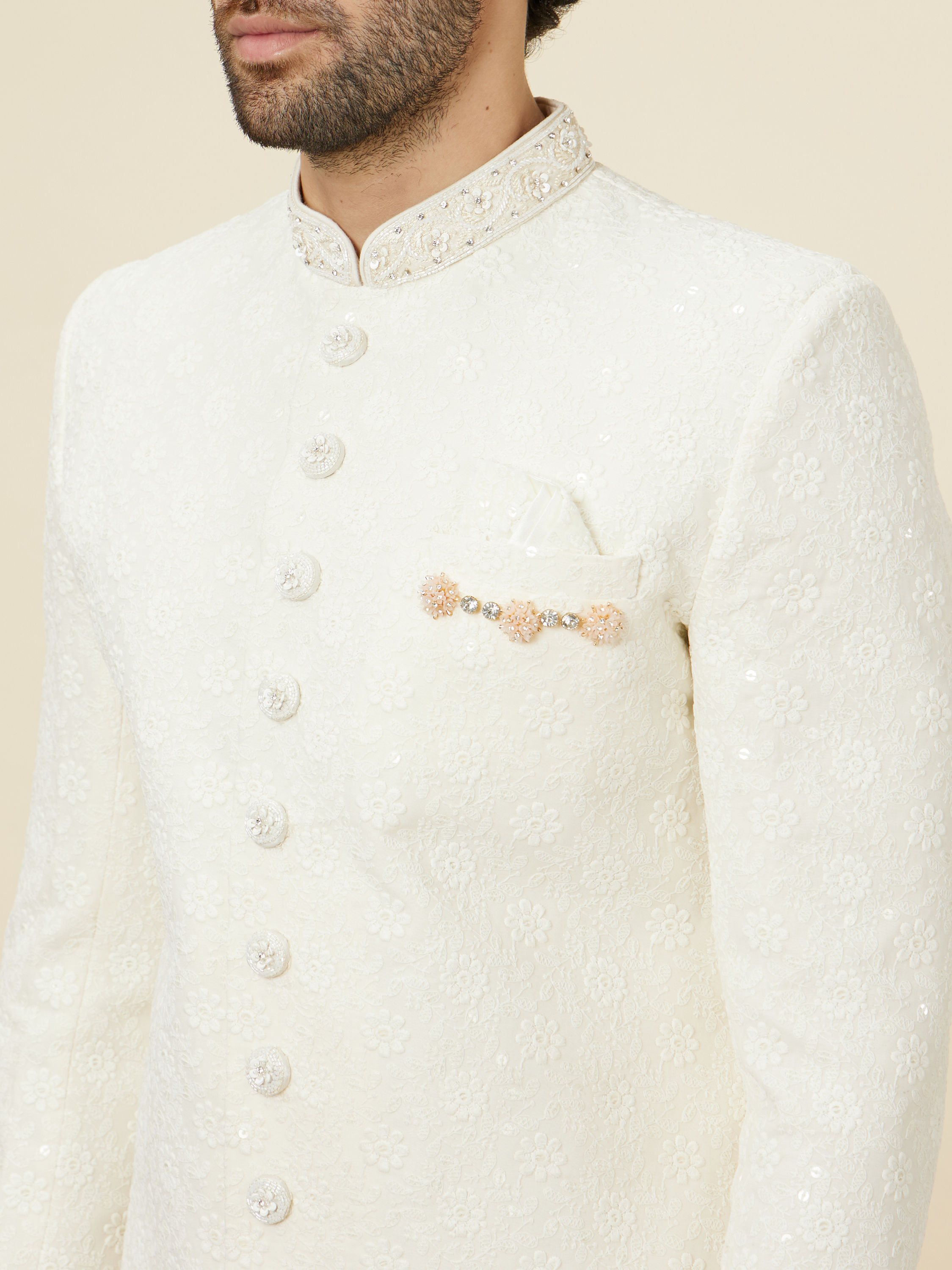 Manyavar Men Antique White Floral Patterned Sequined Sherwani Set