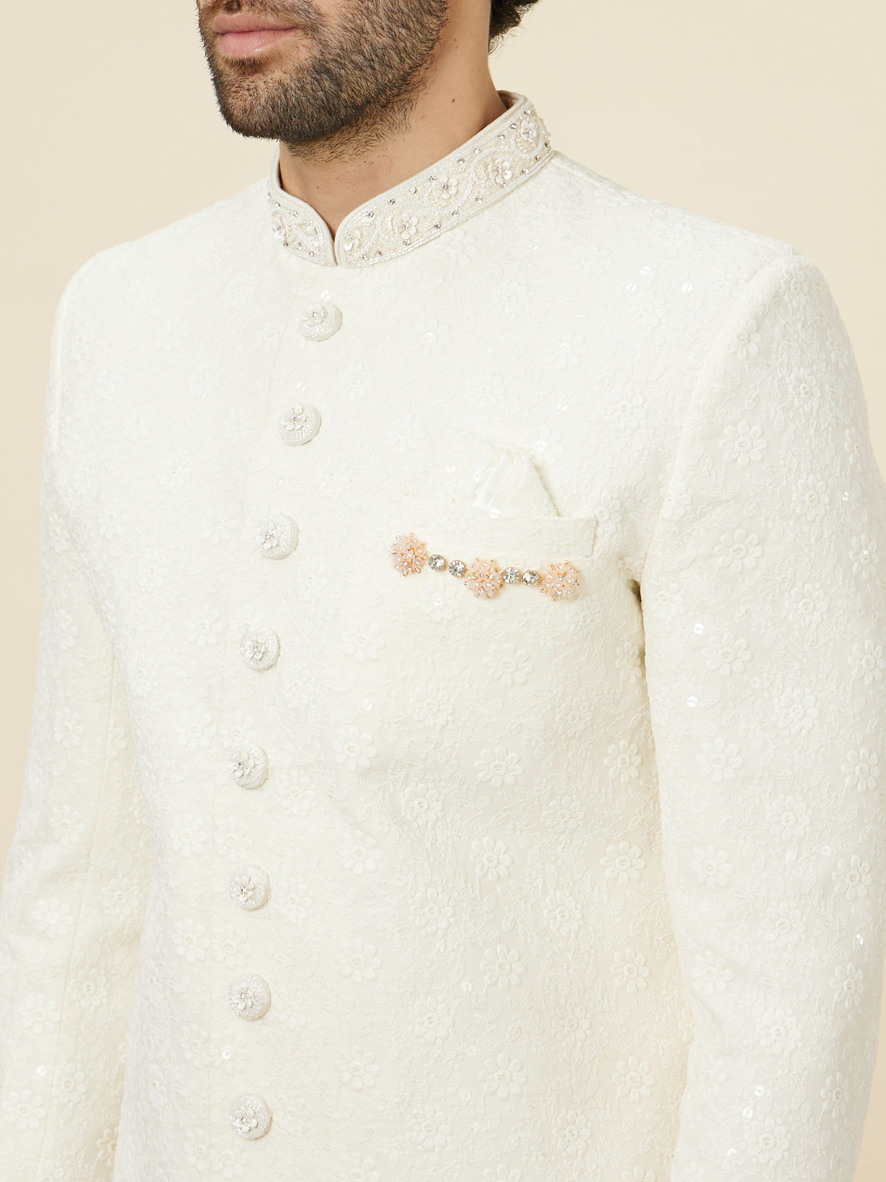 alt message - Manyavar Men Antique White Floral Patterned Sequined Sherwani Set image number 1