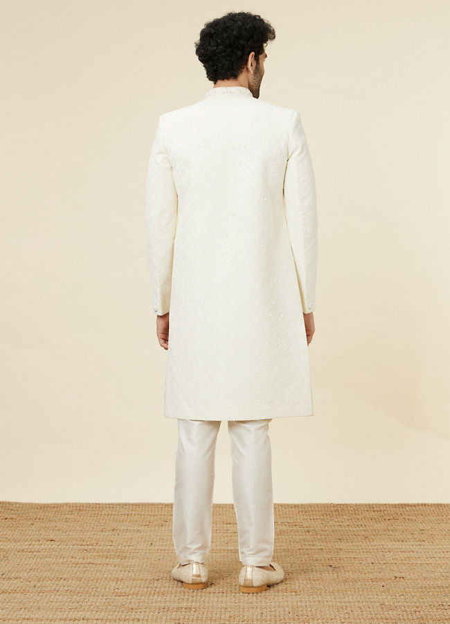 Manyavar Men Antique White Floral Patterned Sequined Sherwani Set