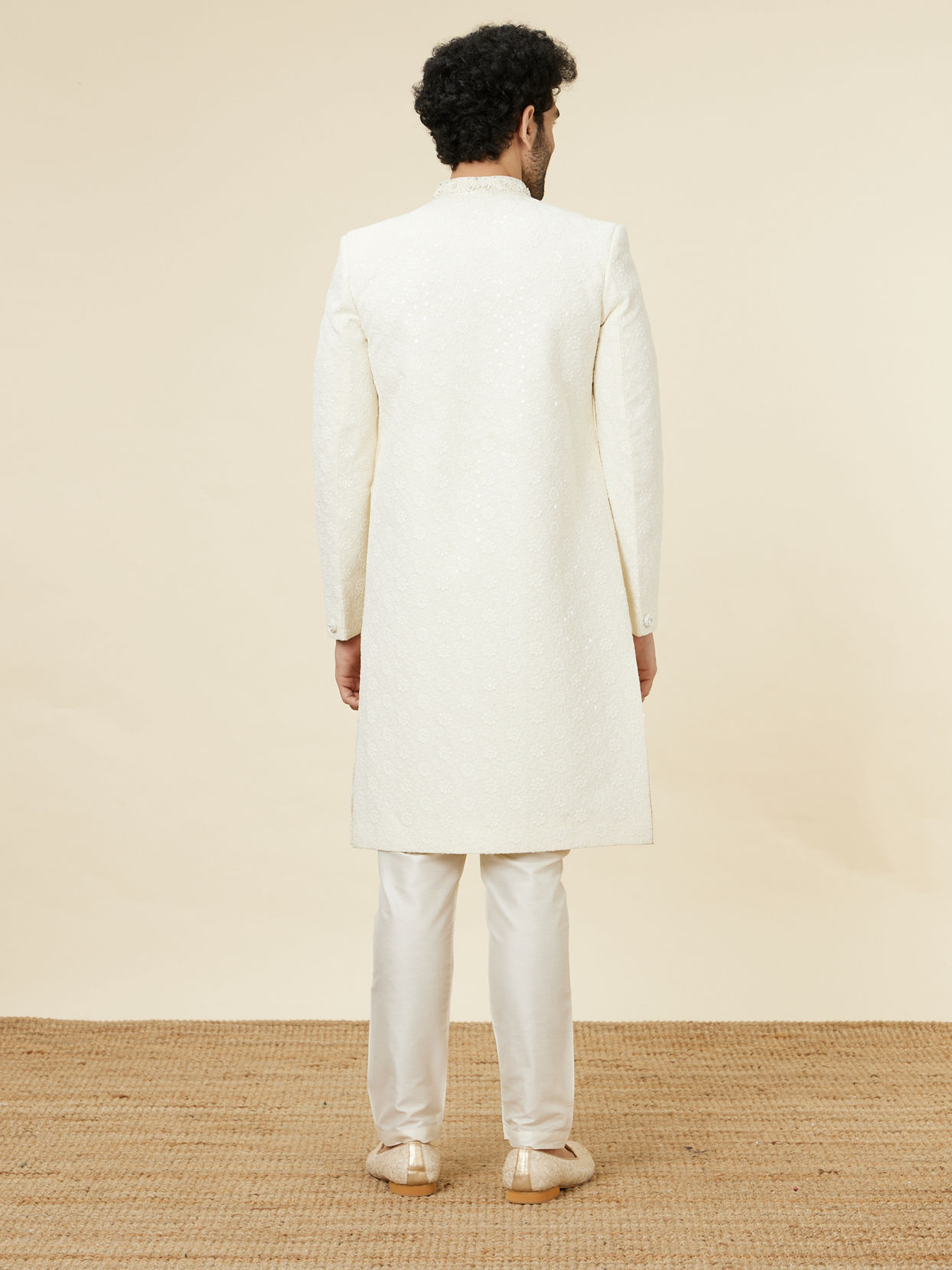 Manyavar Men Antique White Floral Patterned Sequined Sherwani Set