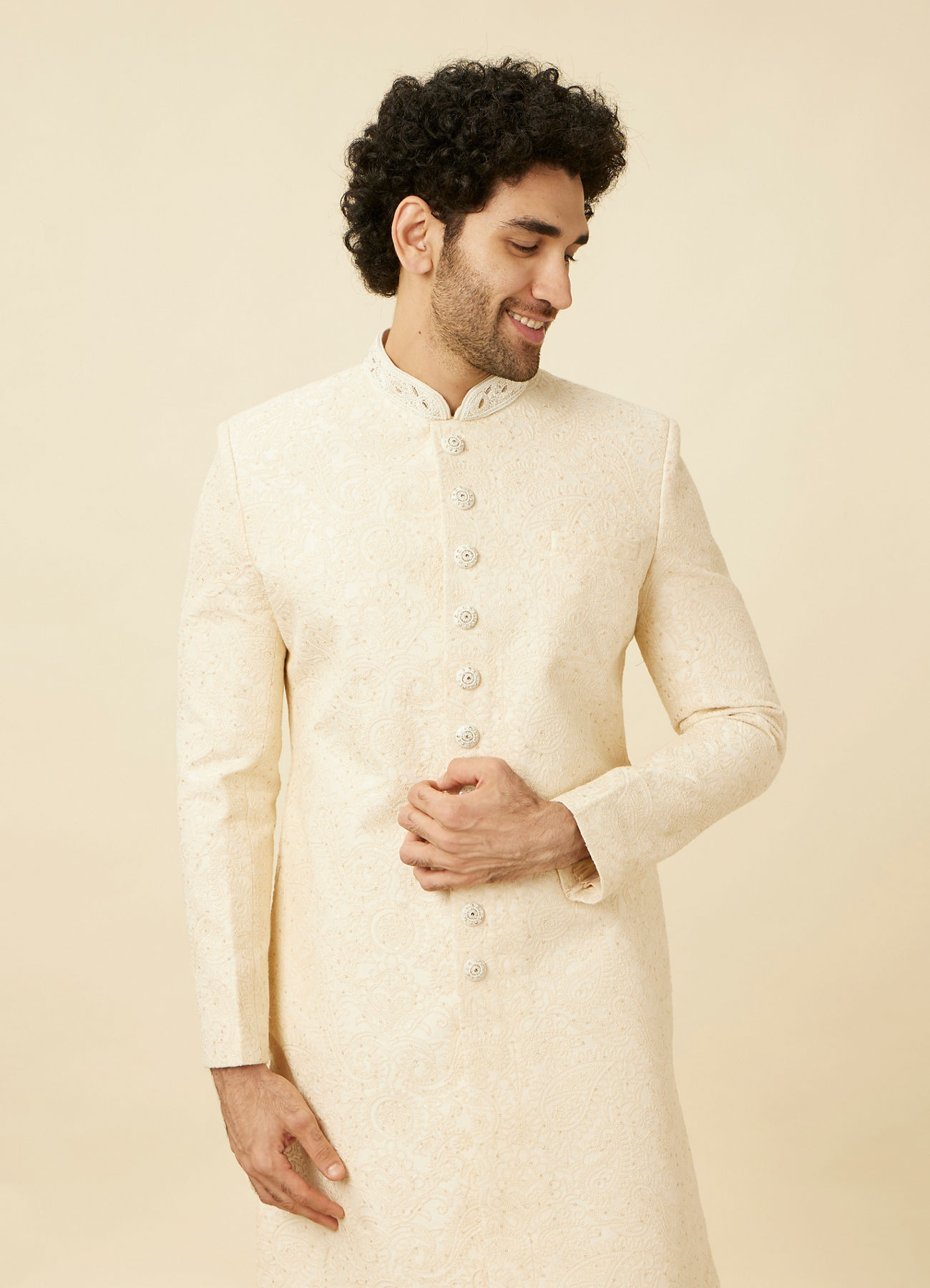 Manyavar Men Cream Pink Floral and Paisley Patterned Sherwani Set