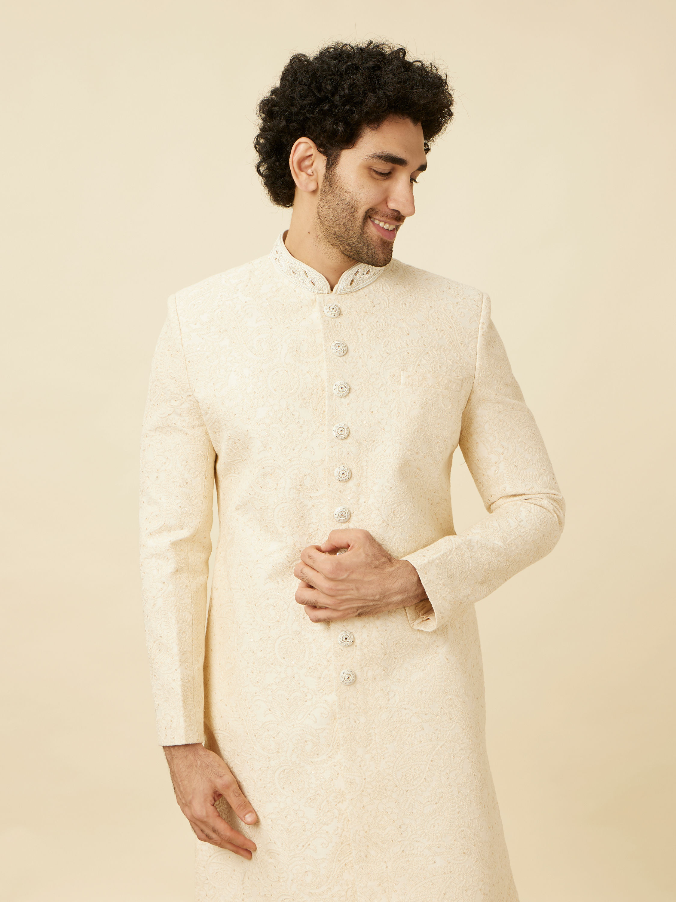 Manyavar Men Cream Pink Floral and Paisley Patterned Sherwani Set