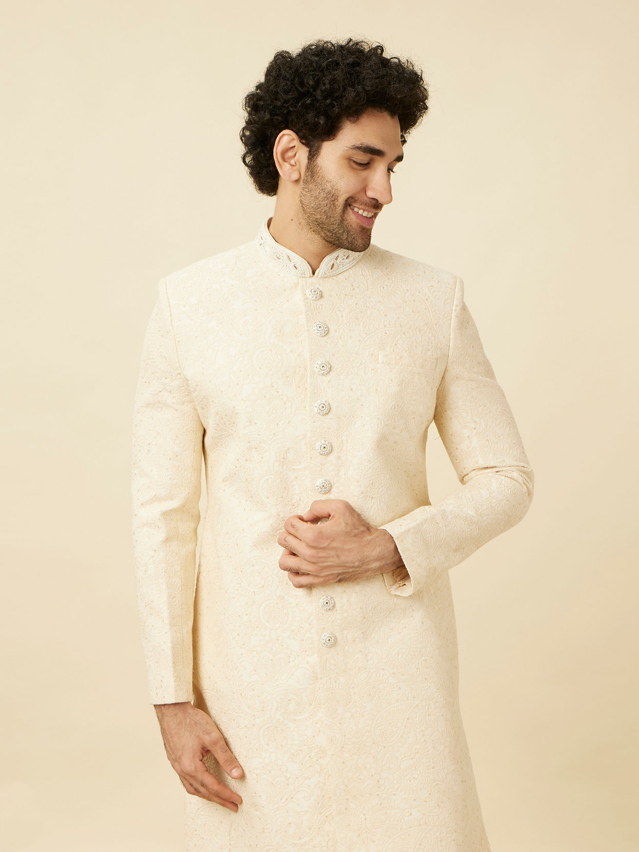 Manyavar Men Cream Pink Floral and Paisley Patterned Sherwani Set