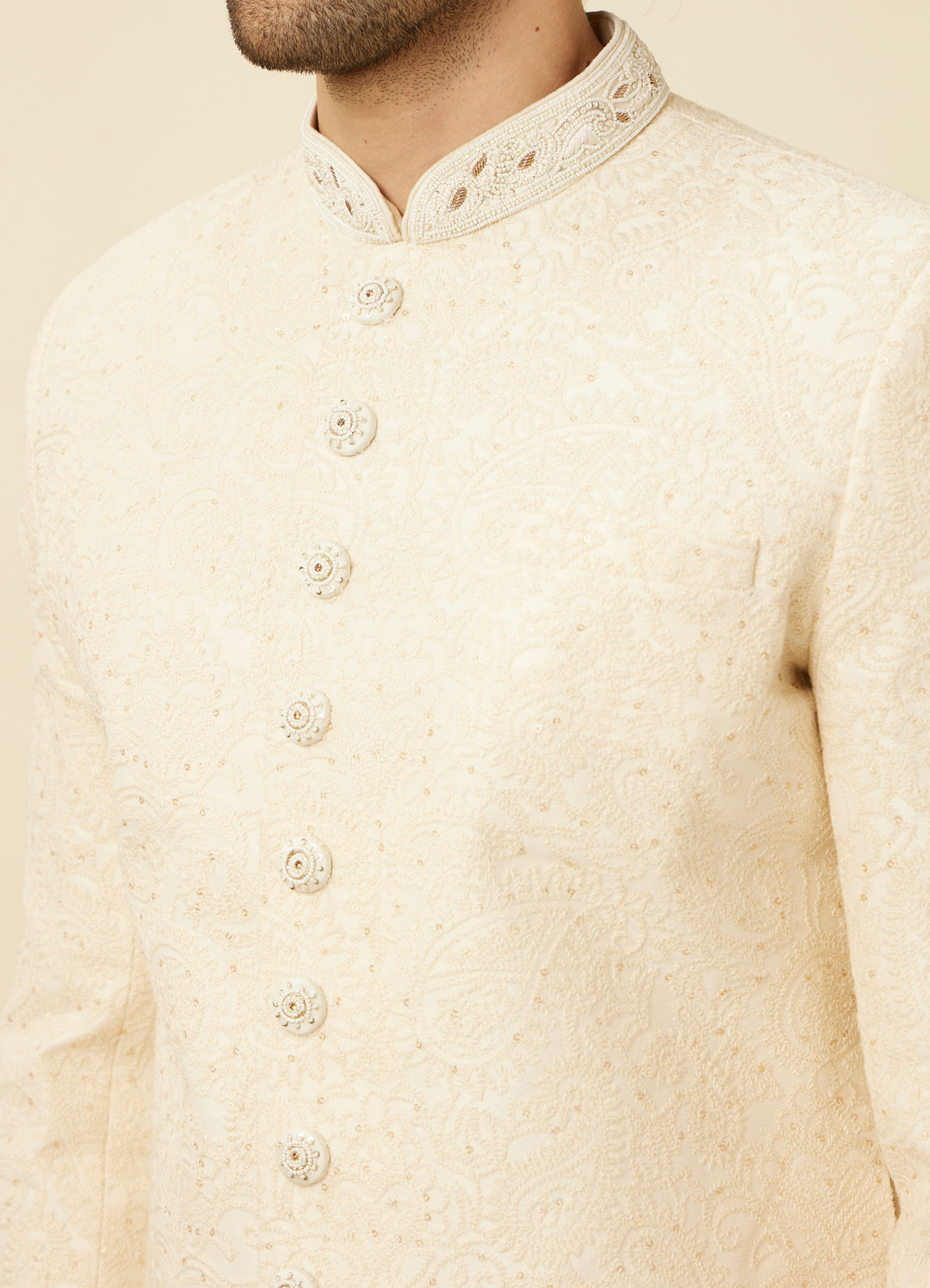 Manyavar Men Cream Pink Floral and Paisley Patterned Sherwani Set