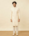 Manyavar Men Cream Pink Floral and Paisley Patterned Sherwani Set