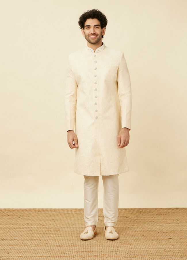 Manyavar Men Cream Pink Floral and Paisley Patterned Sherwani Set