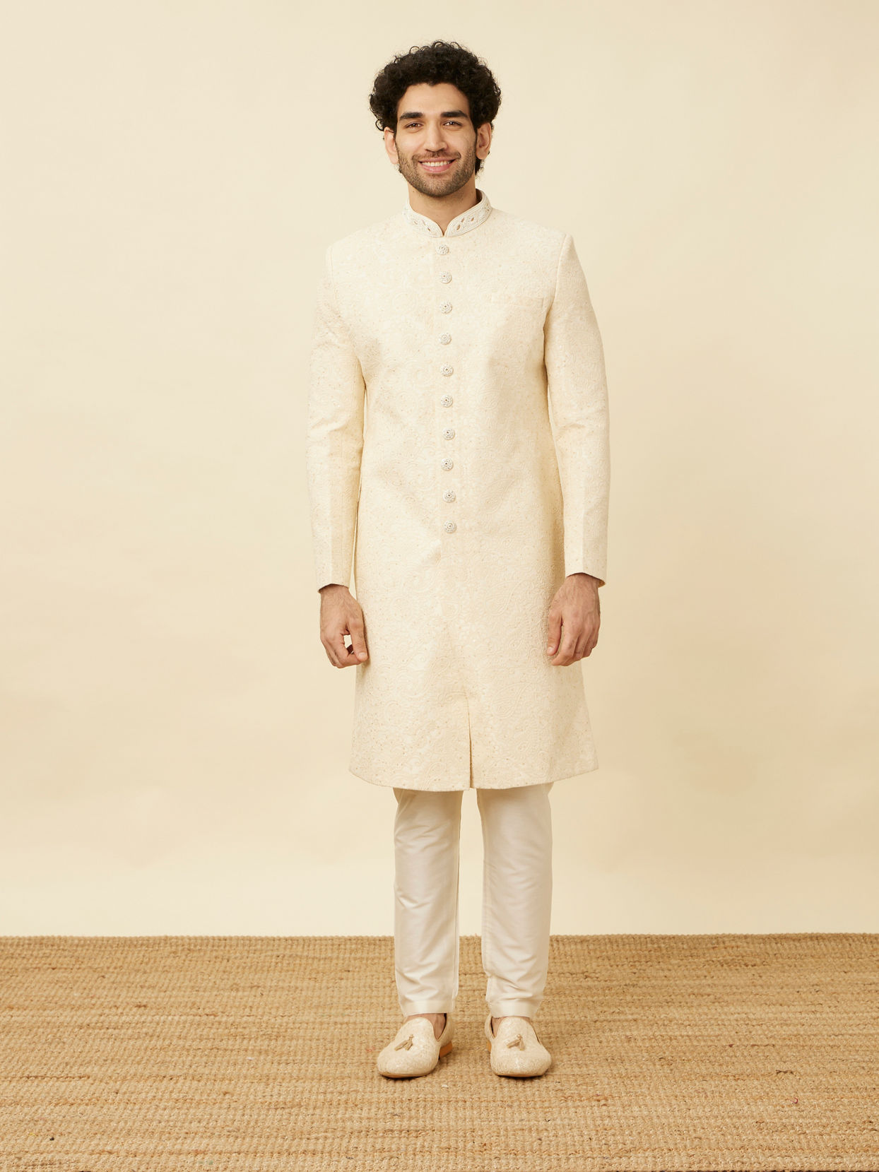 Manyavar Men Cream Pink Floral and Paisley Patterned Sherwani Set