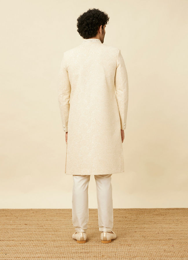 Manyavar Men Cream Pink Floral and Paisley Patterned Sherwani Set