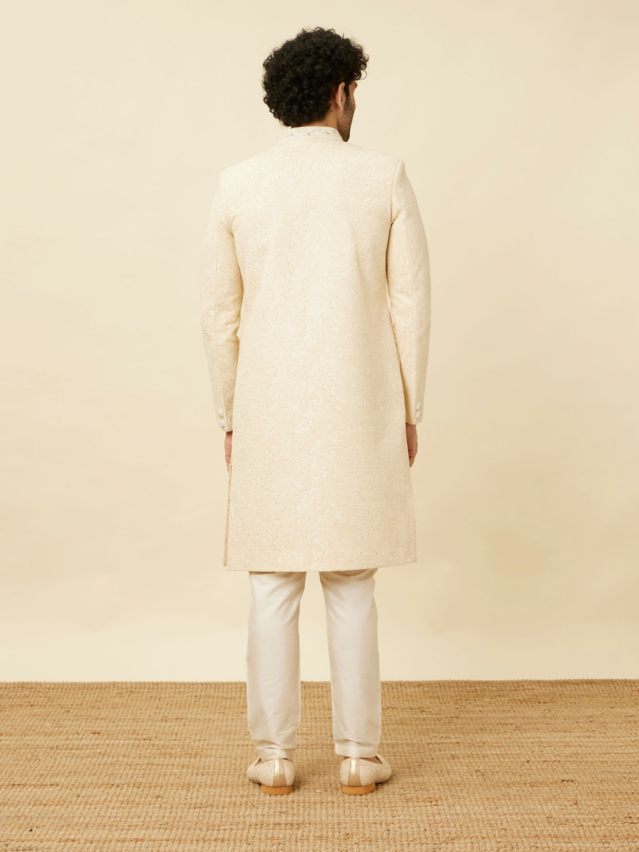 Manyavar Men Cream Pink Floral and Paisley Patterned Sherwani Set